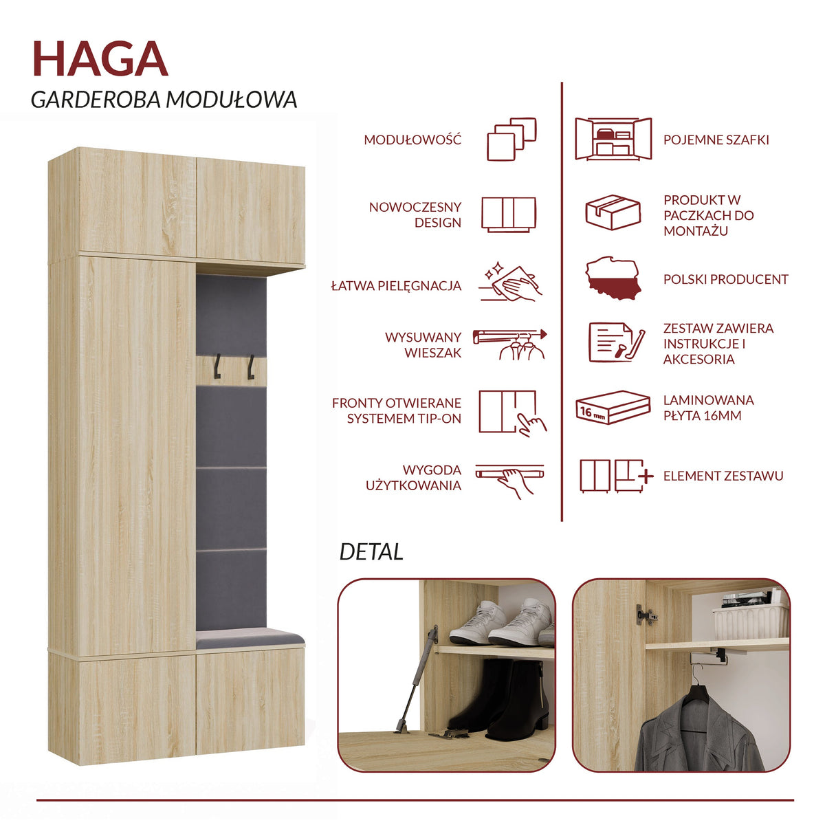 HAGA II 1SZ1W előszobabútor – szekrény és fogas, sonoma tölgy