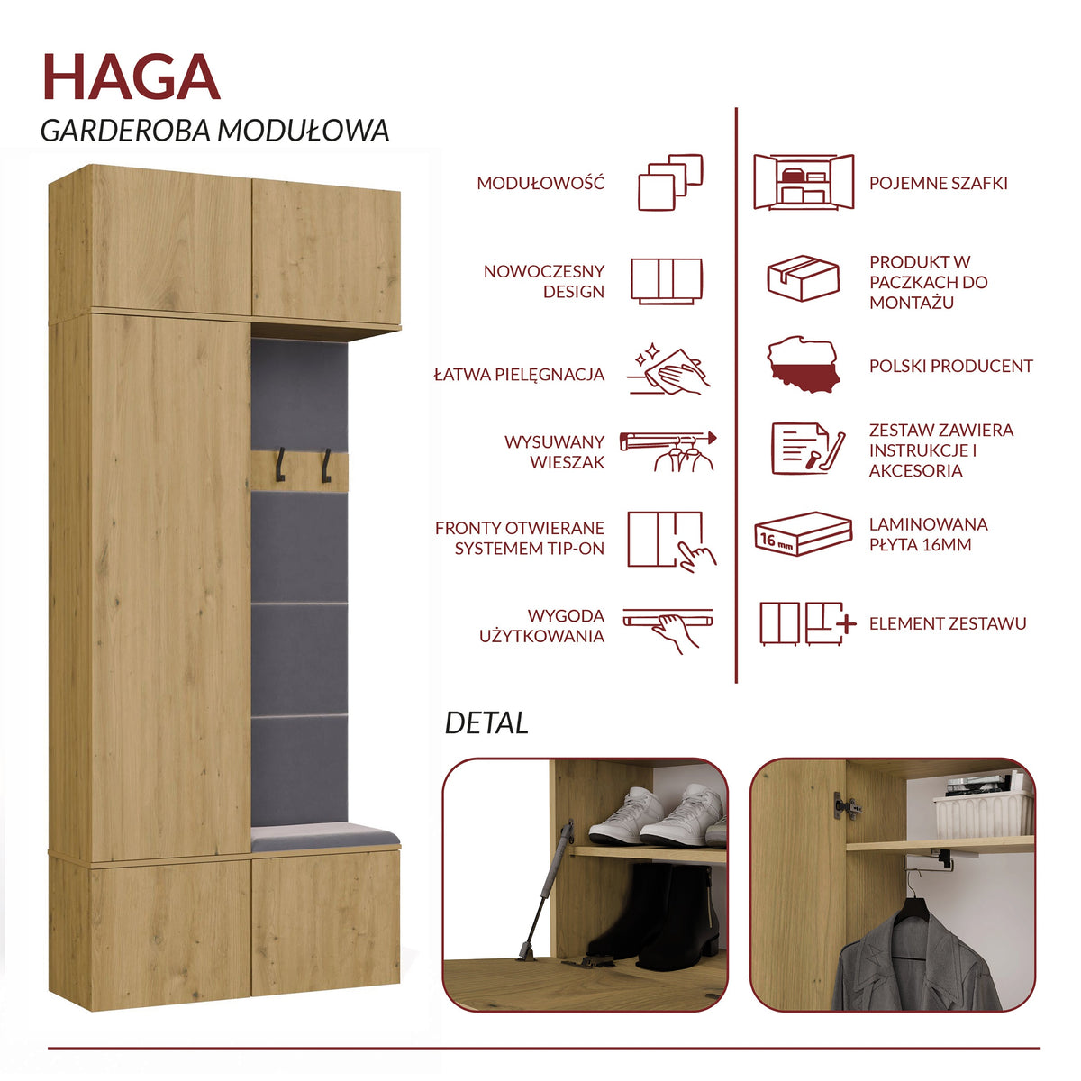 HAGA II 1SZ1W előszobabútor – szekrény és fogas, artisan tölgy