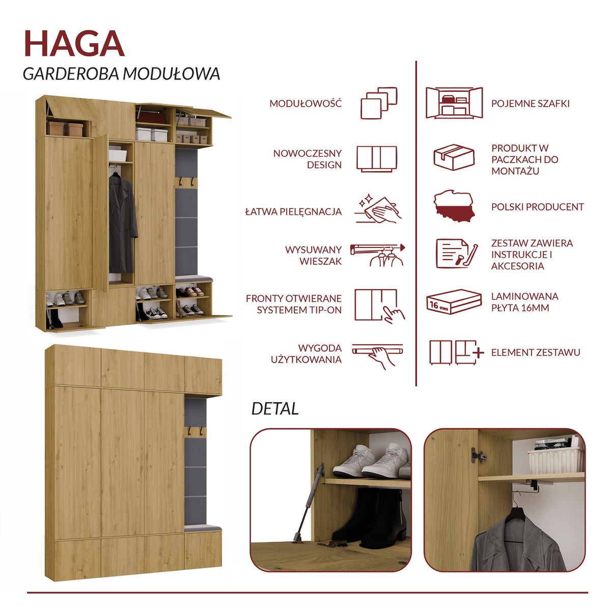 Előszobabútor HAGA IV/3Sz1W artisan tölgy 3 szekrénnyel + Fogas