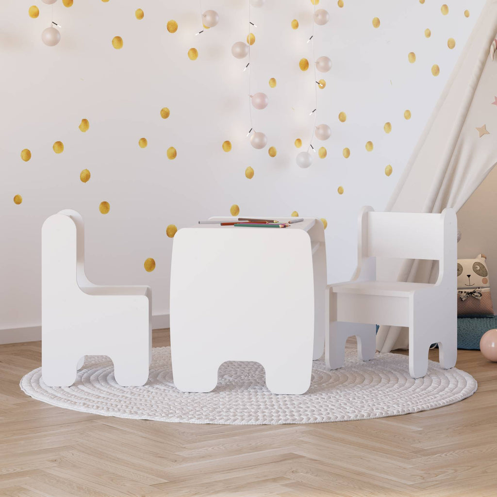 Set of children's table and two children's chairs - white