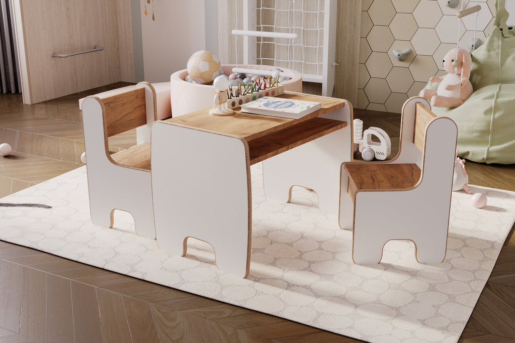 Children's Timi table and two chairs MDF colour white / oak craft gold