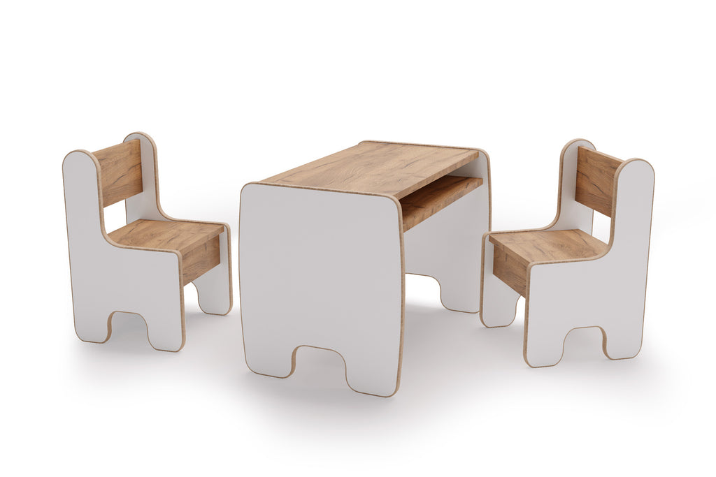 Children's Timi table and two chairs MDF colour white / oak craft gold