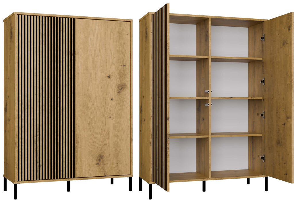 Vitrines szekrény KAMARO 2DD SLIM/sima artisan tölgy lamellás bordázott front + klasszikus