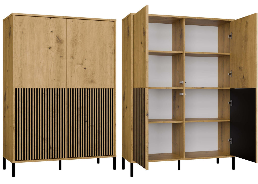 Vitrines szekrény KAMARO 4DK SLIM/sima artisan tölgy 4 ajtós lamellás bordázott front + klasszikus