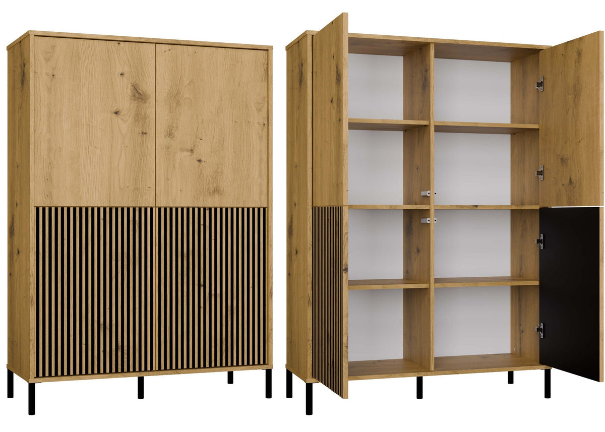 Vitrines szekrény KAMARO 4DK SLIM/sima artisan tölgy 4 ajtós lamellás bordázott front + klasszikus